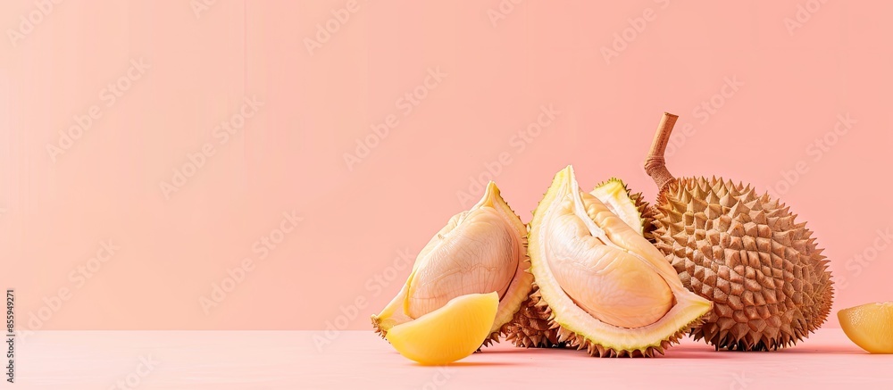 Poster durian fruit with cut in half on the table pastel background. copy space image. place for adding tex