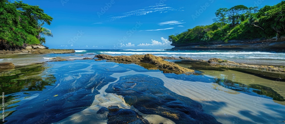 Poster tide pool with beautiful textures, sunlight reflections dancing, waves from the sea rolling in, blue
