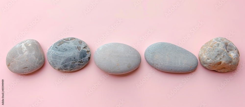 Poster six grey stones isolated on pastel background pastel. copy space image. place for adding text and de
