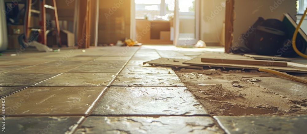 Aufkleber laying the tiles on the basement room floor. moving to a new house concept. copy space image. place 