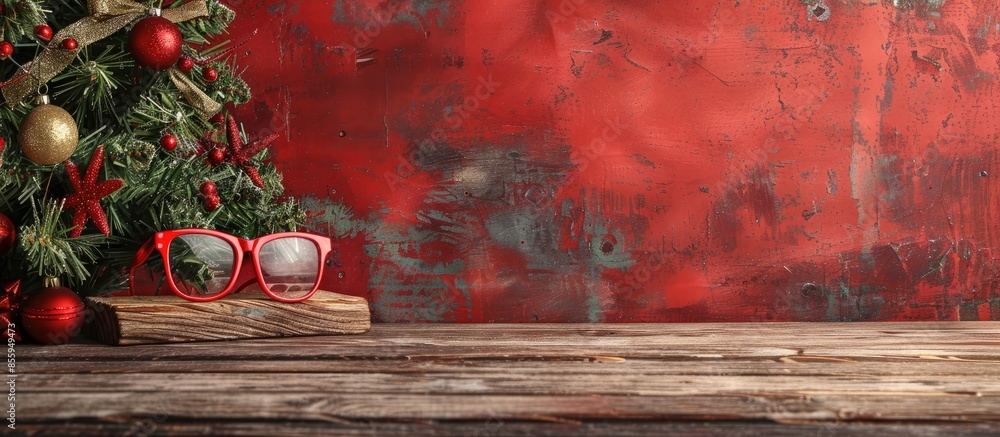 Poster red glasses board place and doors with xmas tree . copy space image. place for adding text and desig