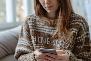 Fototapeta premium Woman on sofa checking phone