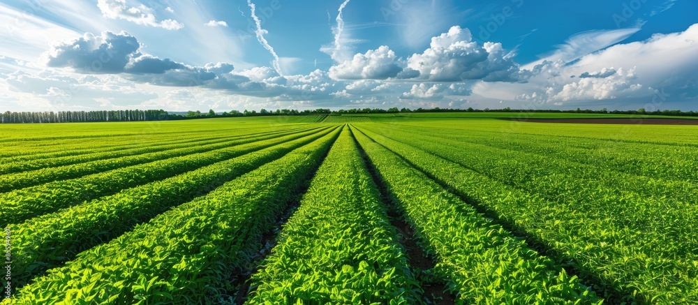 Poster agricultural background with field of freshly cut alfalfa and leading lines leading to copy space in