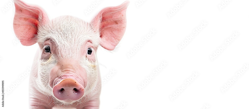 Poster small pink pig isolated on white background. copy space image. place for adding text or design