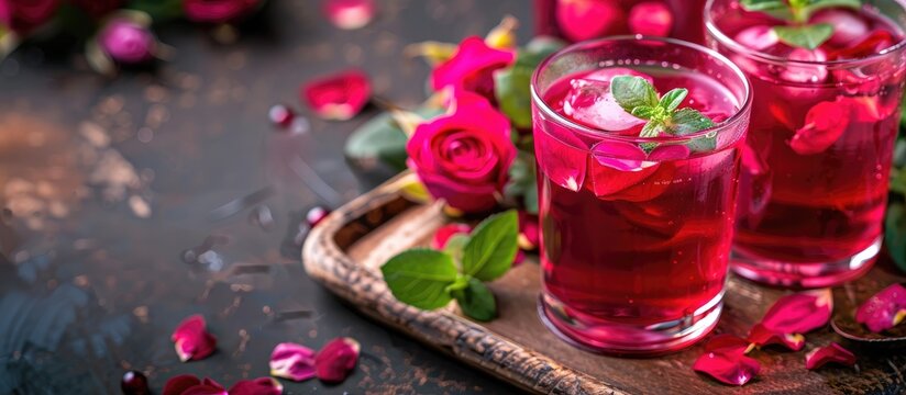Rooh Afza (Rose Water) Drink also known as rose colored syrup drink made with herbs, fruits, vegetables, flowers and roots. Copy space image. Place for adding text or design