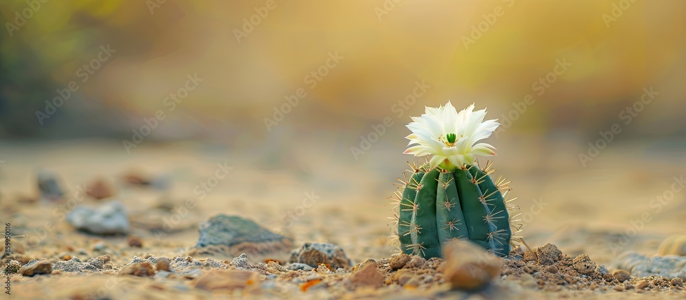 Canvas Prints Small green cactus with bright white flowers and sharp spines. Cultivated in pot and blur sand background pastel background. Copy space image. Place for adding text and design