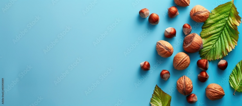 Poster hazelnut pastel background food isolated nature leaf. copy space image. place for adding text and de