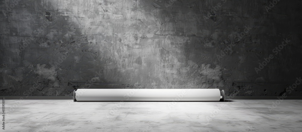 Poster the roller blind lies on a white or gray concrete surface. copy space image. place for adding text a