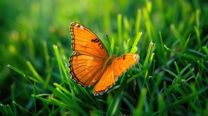 Obraz premium Lovely orange butterfly perched on grass
