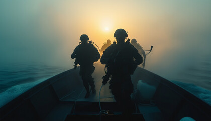 silhouette of underwater commando team advancing on boat in foggy sunrise.