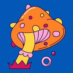Surreal groovy psychedelic mushroom on color background.