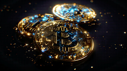 Radiant gold bitcoin coins glowing with electric blue lights dark black background hyper-realistic high detail dramatic lighting 