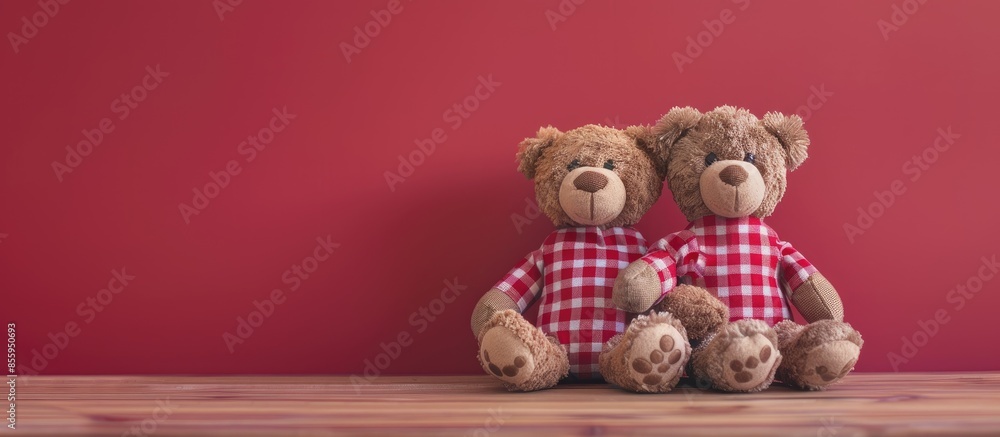 Poster Red gingham toys. Copy space image. Place for adding text and design