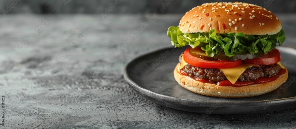 Poster banner with vegan cheeseburger on a gray plate, copy space. copy space image. place for adding text 