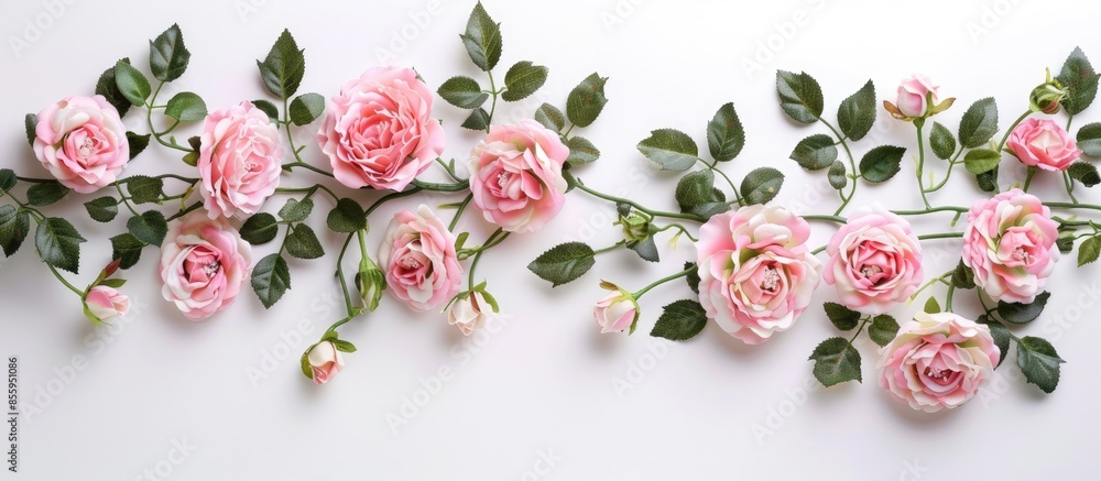 Poster pink roses and buds on a white background. artificial flowers in interior. copy space image. place f