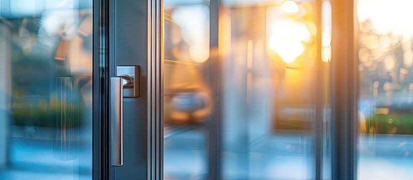 Tilt and turn window handle in a large window in a public building. The window is made of plastic, visible silicone seals. Copy space image. Place for adding text and design