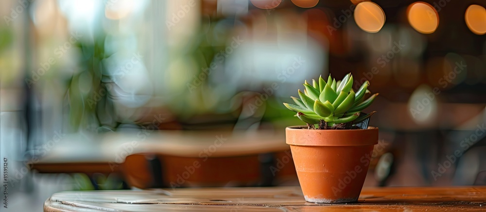 Poster a potted plant on a table in a cafe. beautiful image. copy space image. place for adding text and de
