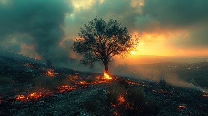 Tree Stands Tall Amidst Wildfire at Sunset
