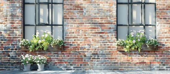 Wall brick background of home with windows space and flowers at windows. Copy space image. Place for adding text and design