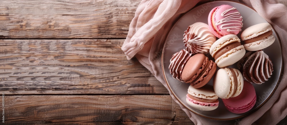 Poster macaroons served on table . copy space image. place for adding text and design