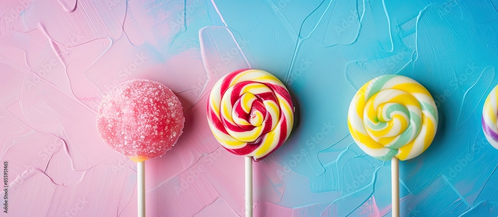 Poster colorful lollipops on the table pastel background food. copy space image. place for adding text and 