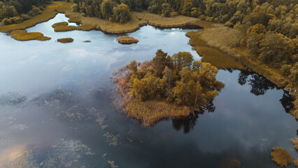 Aerial view of lake with tree island reflecting sky