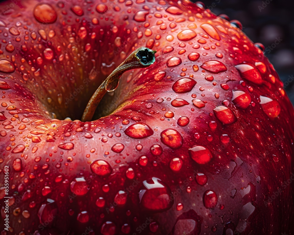 Sticker Juicy Red Apple with Glistening Water Droplets for Fresh Concept