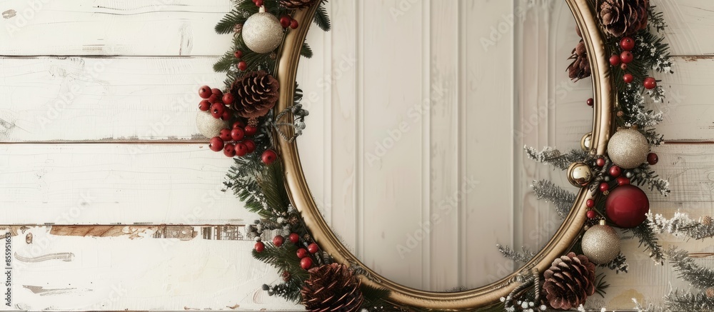 Poster a rustic mirror is decorated with a christmas garland. copy space image. place for adding text and d
