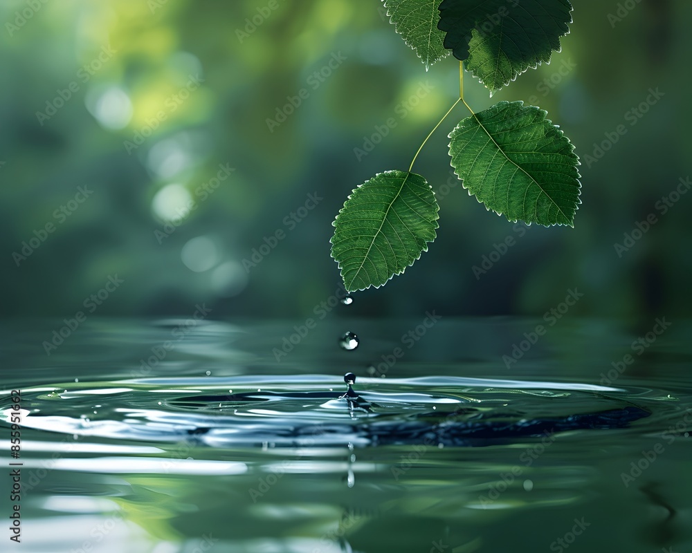 Aufkleber water drop falling from leaf into calm pond creating ripples effect