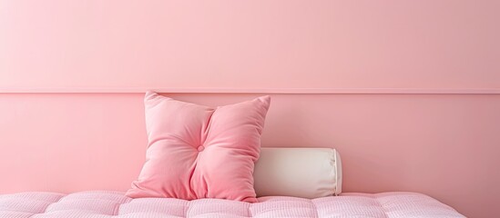 Baby bedding, pink mattress with pillow for newborn pastel background. Copy space image. Place for adding text and design