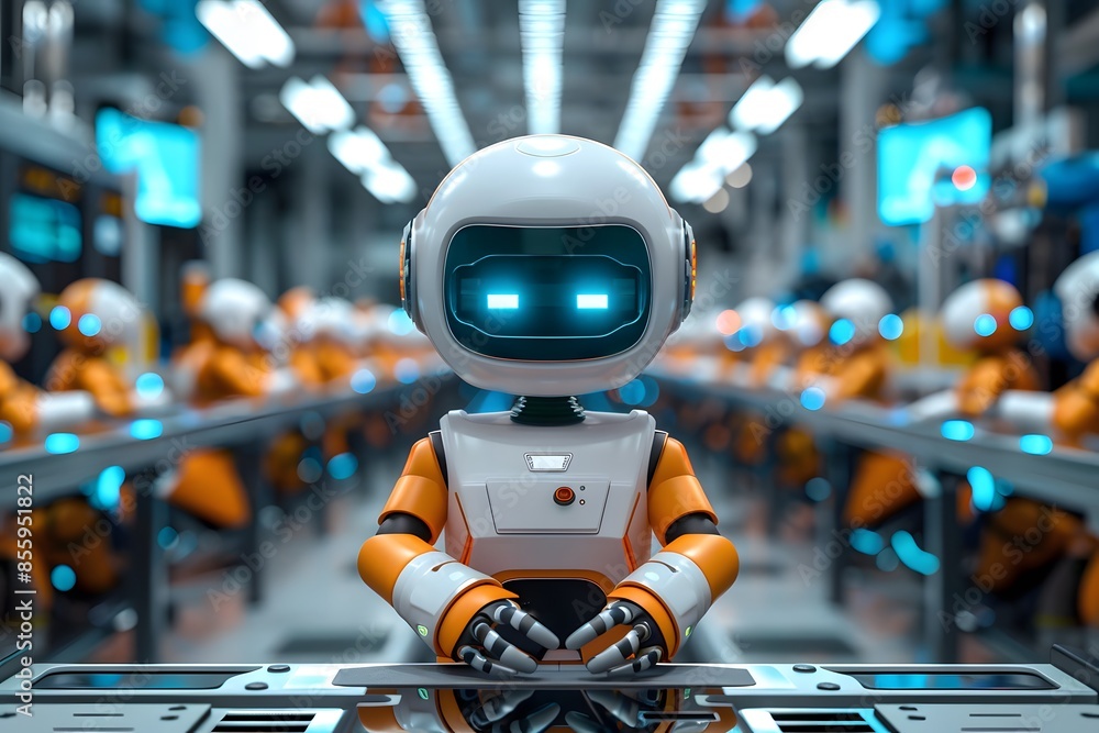Poster close-up robot on table in factory