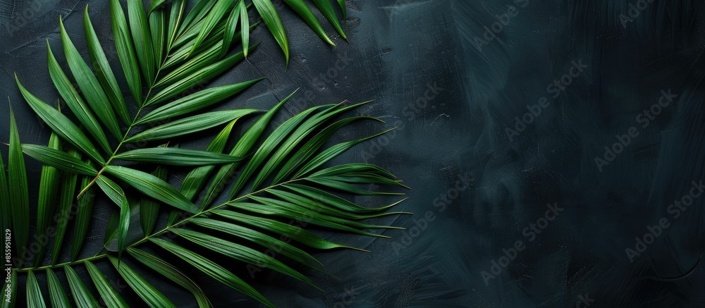 Poster natural palm leaf on pastel black background without focus. copy space image. place for adding text 