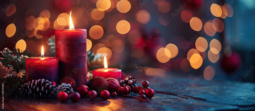Poster candles and christmas decoration on table over blurred evening lights background. copy space image. 