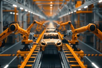 Fototapeta premium Robotized factory assembly line with cars on conveyor belt