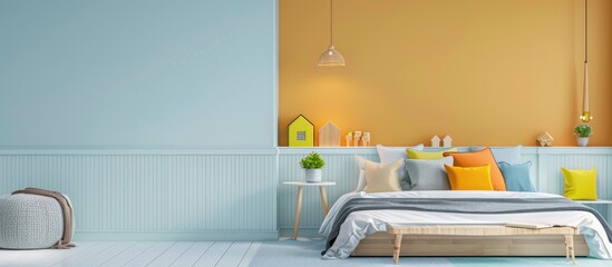 Comfortable bed in modern children room. Copy space image. Place for adding text and design