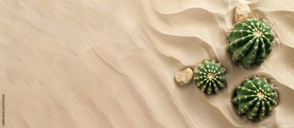 Poster top view green cactus and stone on sand pastel background. copy space image. place for adding text a