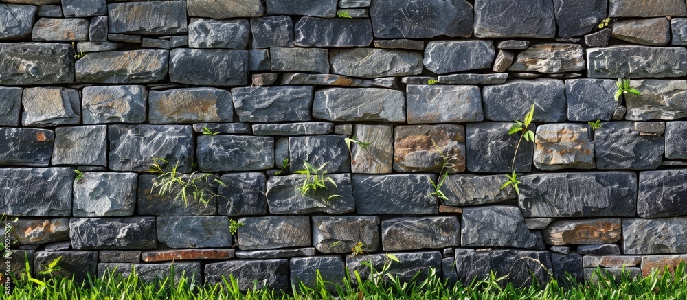 Poster Modern stone wall and grass texture. Copy space image. Place for adding text and design