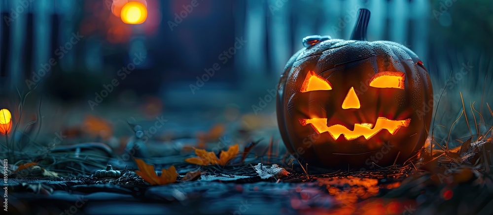 Aufkleber spooky halloween background with jack o lantern - happy halloween. copy space image. place for addin