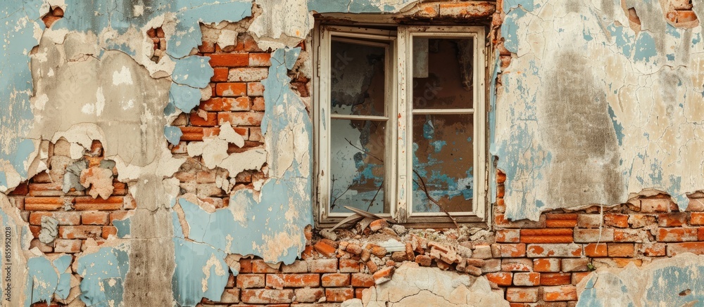 Poster the wall of a destroyed house. red brick laying. the window is bricked up. copy space image. place f