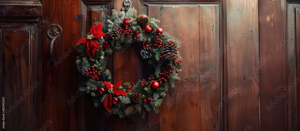 Aufkleber christmas wreath handing on the door. copy space image. place for adding text and design
