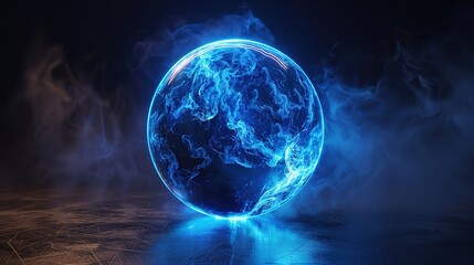 3d render of surreal abstract art 3d energy substance ball sphere or planet in deformation process with blue neon glowing light inside as core in the dark on isolated black background.generate AI