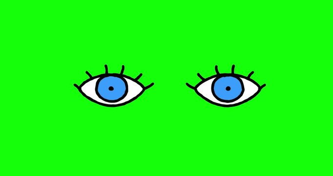 Blinking blue color cartoon eyes blink on green screen. Animated human face element seamless loop.
