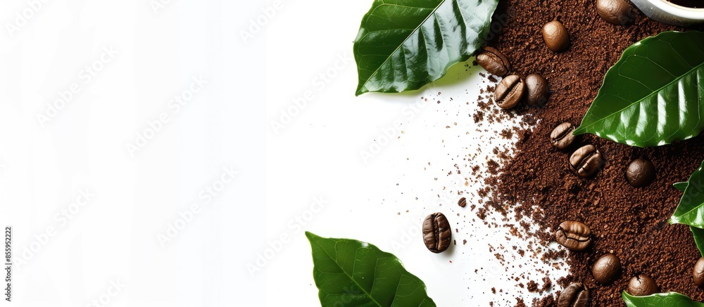 Poster flat lay of ground coffee with coffee beans and real coffee leaves isolated on white background. cop