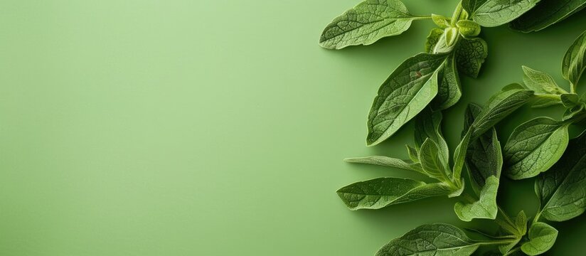 Stevia Rebaudiana leafs Isolated on pastel background. Copy space image. Place for adding text and design