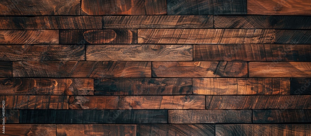 Poster high angle view : pieces of imitated wood on finished floor background. copy space image. place for 