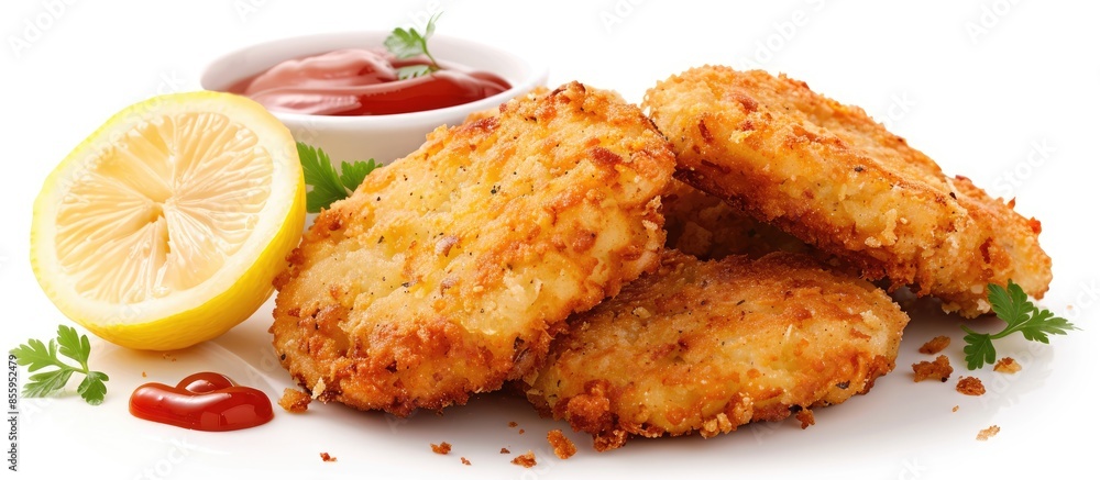 Poster chicken patties or fish cakes fried in breadcrumbs with ketchup and lemon slices. isolated on white 
