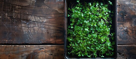 Fresh green microgreens in container. Copy space image. Place for adding text and design