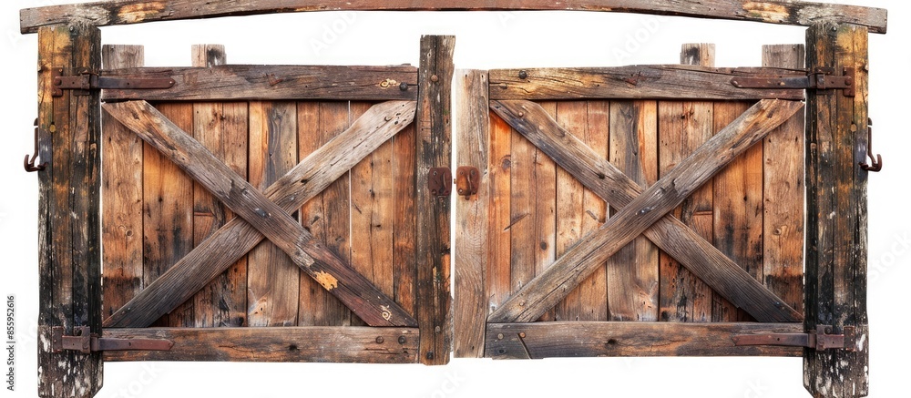 Poster a isolated image of a hand made closed gate made of wood. . copy space image. place for adding text 