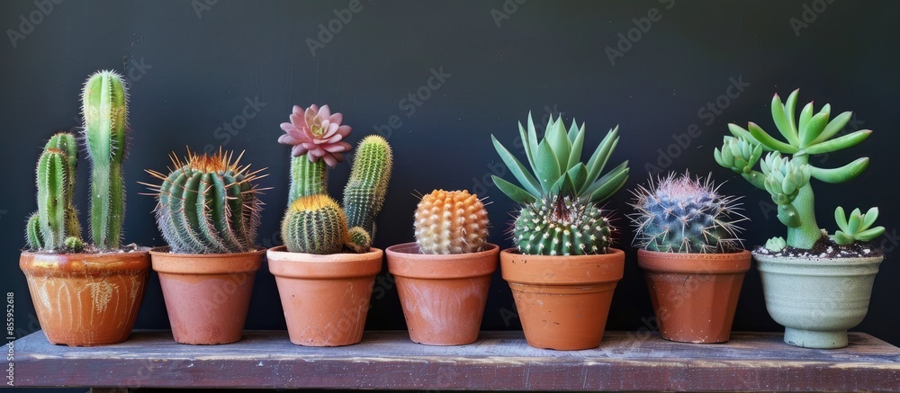 Poster cactus collection planted in pots. copy space image. place for adding text and design