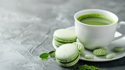 A white cup with matcha green tea and macaroon cookies on a background of gray